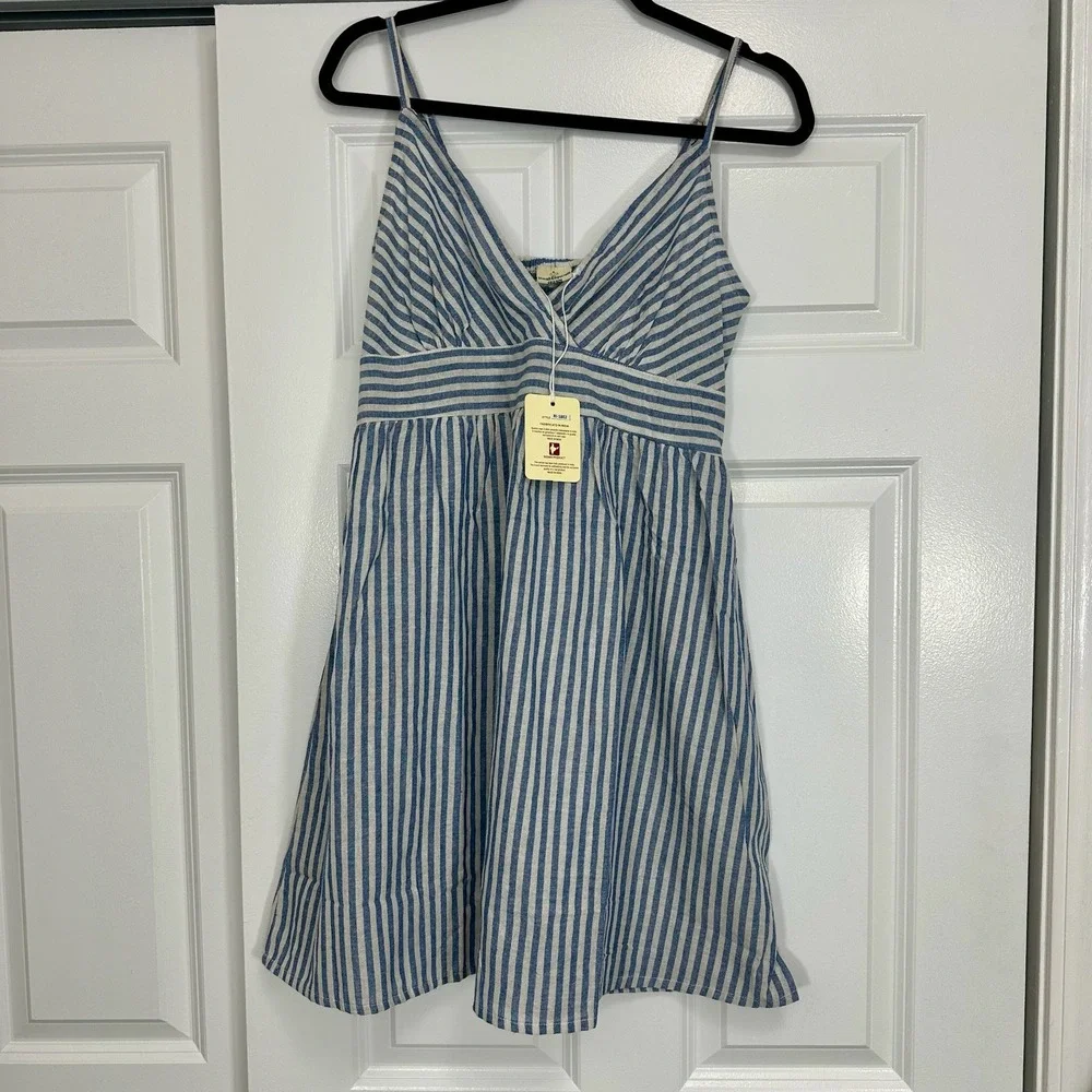 Indian Emporium Blue White Striped V Neck Camisole Dress Sundress Beach